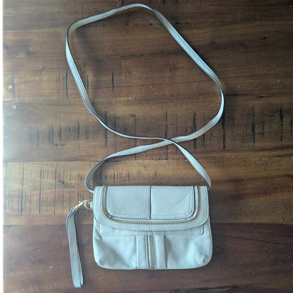B. Makowsky Convertible Crossbody‎ Bag Wristlet Cream Leather Zipper Detail Sm